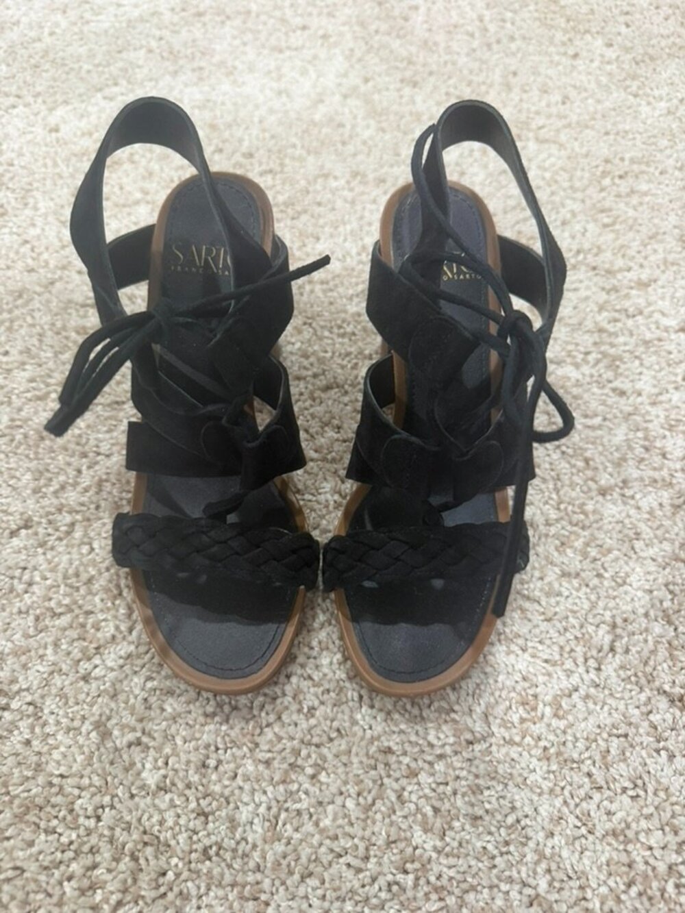 SARTO by Franco Sarto Black Suede Braided Lace Up Block Heel Sandals